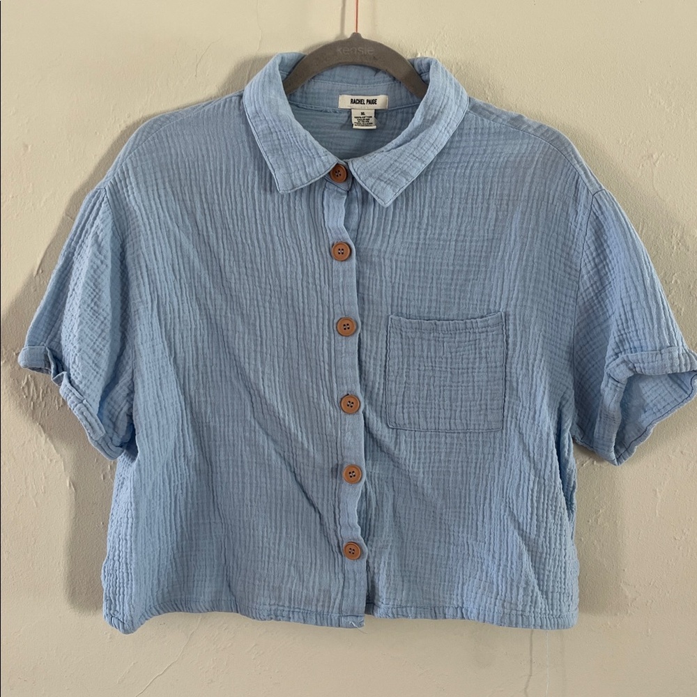 Women's Light Blue Button Down Shirt Cotton Gauze Beachy Coastal Flowy Boxy